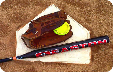 softball glove, ball, bat and plate